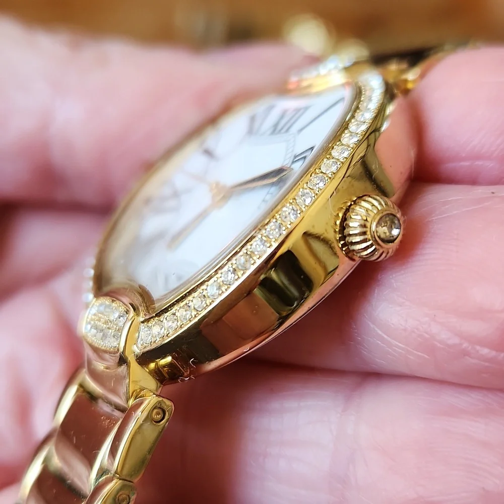 2 BRONZO ITALIA Watches Gold  Rhinestones Mother of Pearl Wristbands‎ Women