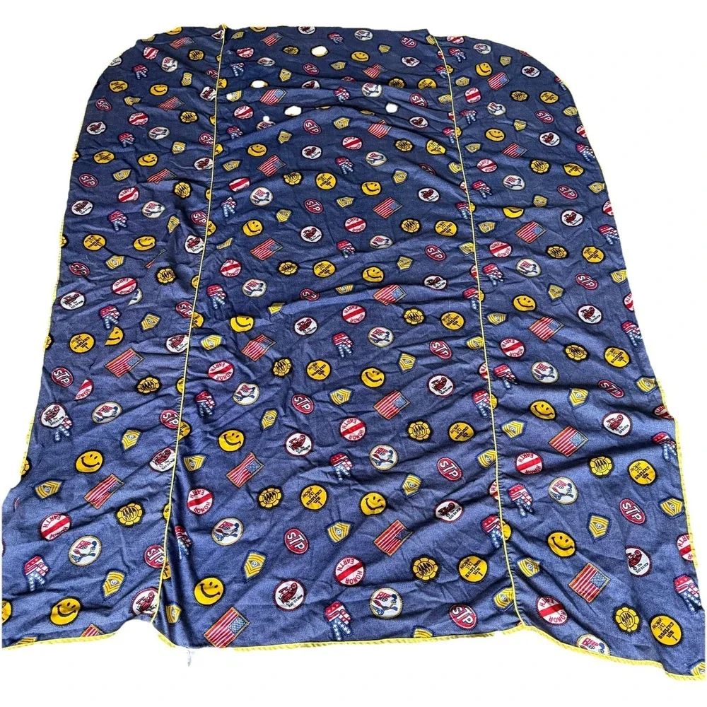 Vtg 1960's Patch Logo Denim Look Twin Bedspread STP Roadrunner Red Baron‎ Smiley
