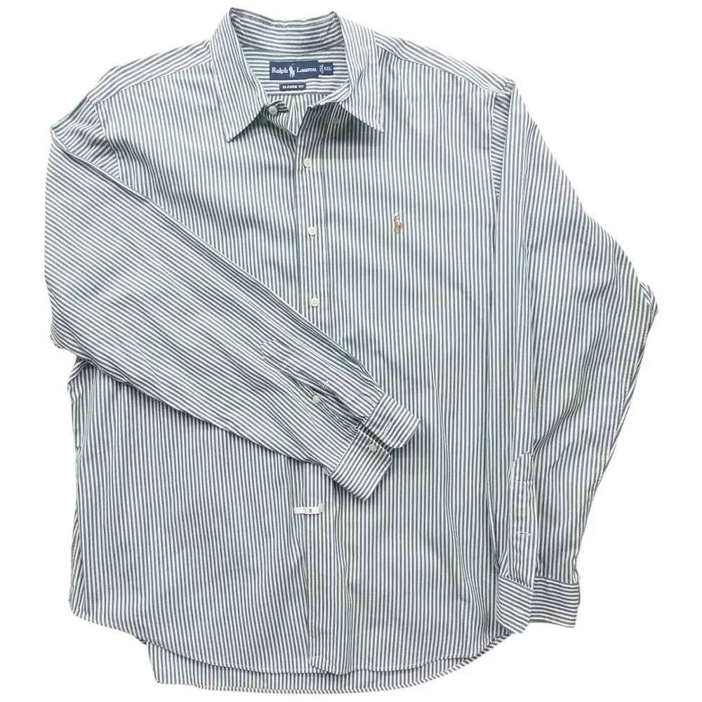 Ralph Lauren Bengal Striped Shirt Mens XXL Hunter Green White Classic Fit Cotton