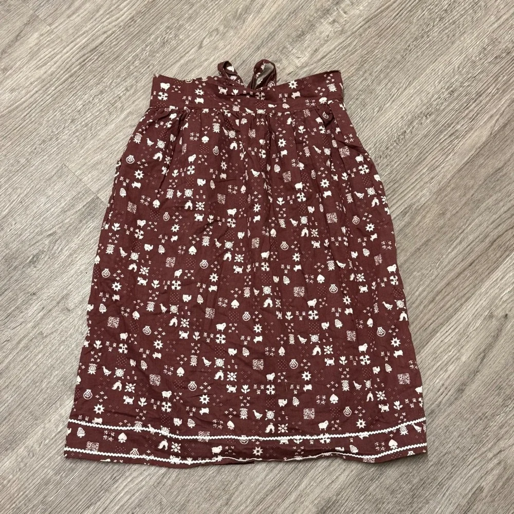 Vintage Brown Folk Art Animal Print Cotton Half Apron with‎ Ric Rac Trim Pocket