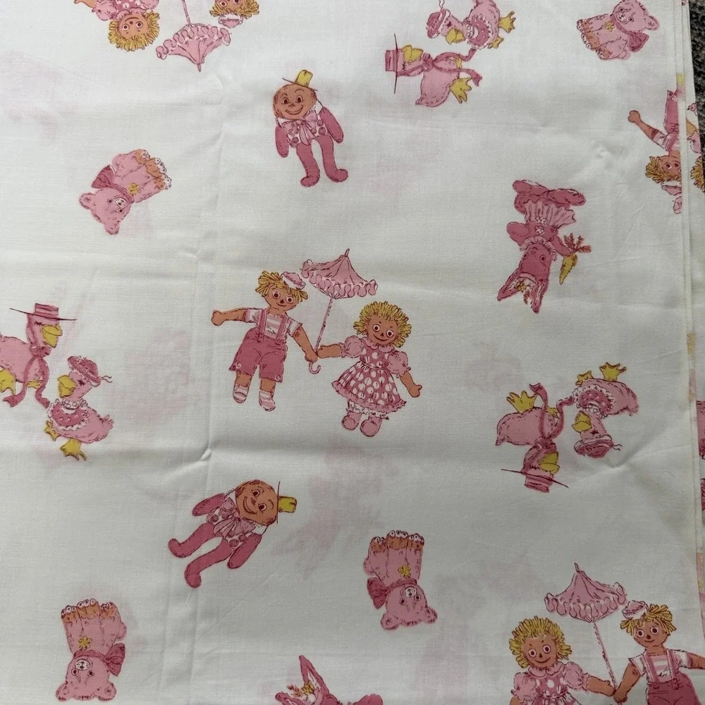 VTG Fabric Raggedy Ann Andy Humpty Dumpty Scary Bunny Mother Goose Pink  65x36