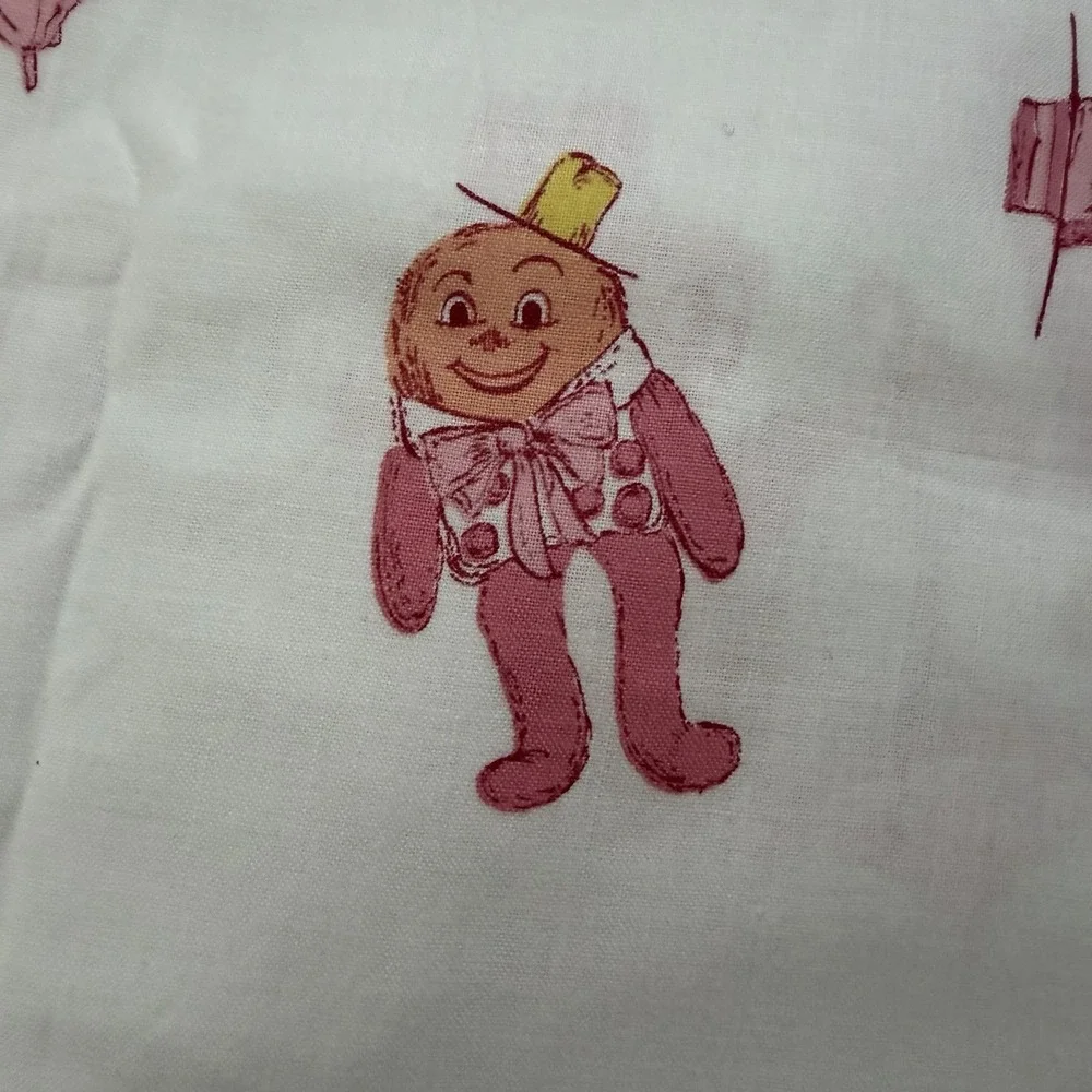 VTG Fabric Raggedy Ann Andy Humpty Dumpty Scary Bunny Mother Goose Pink  65x36