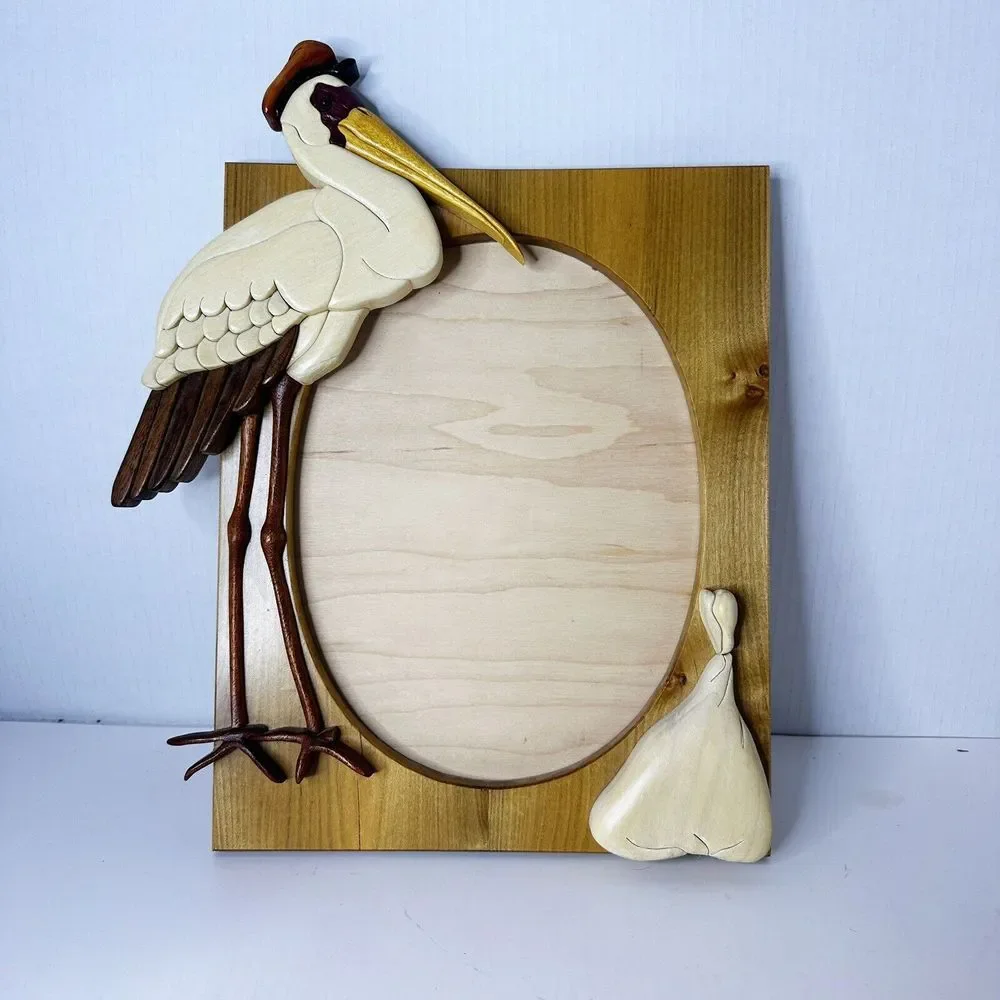 Stork Baby‎ Wooden Art Frame Signed Unique 13x11