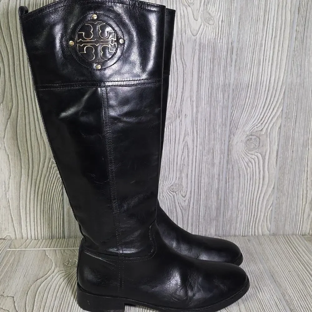 Tory Burch Kiernan Black Leather Riding Boots With Gold  Tone Logo Womens Size 8