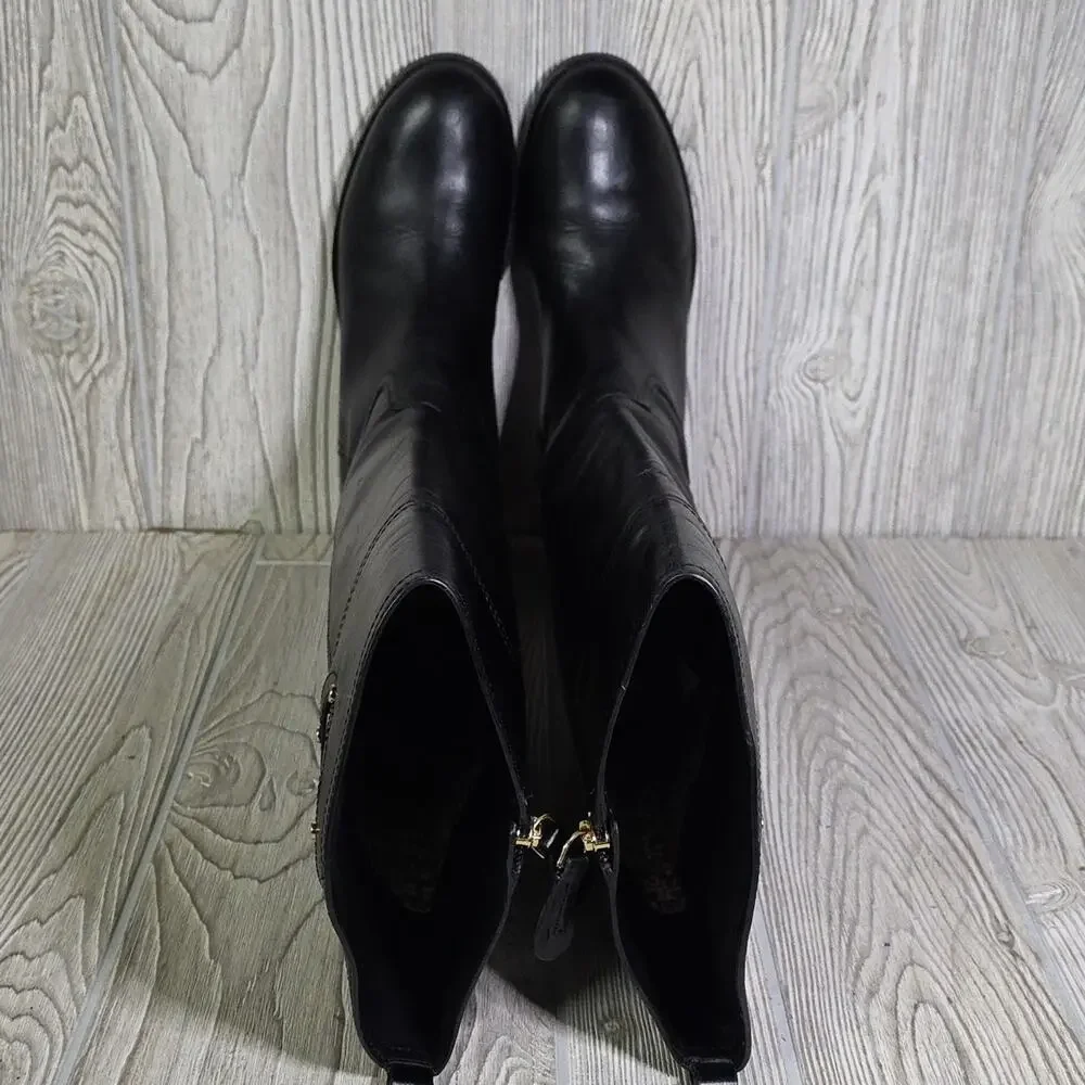 Tory Burch Kiernan Black Leather Riding Boots With Gold  Tone Logo Womens Size 8