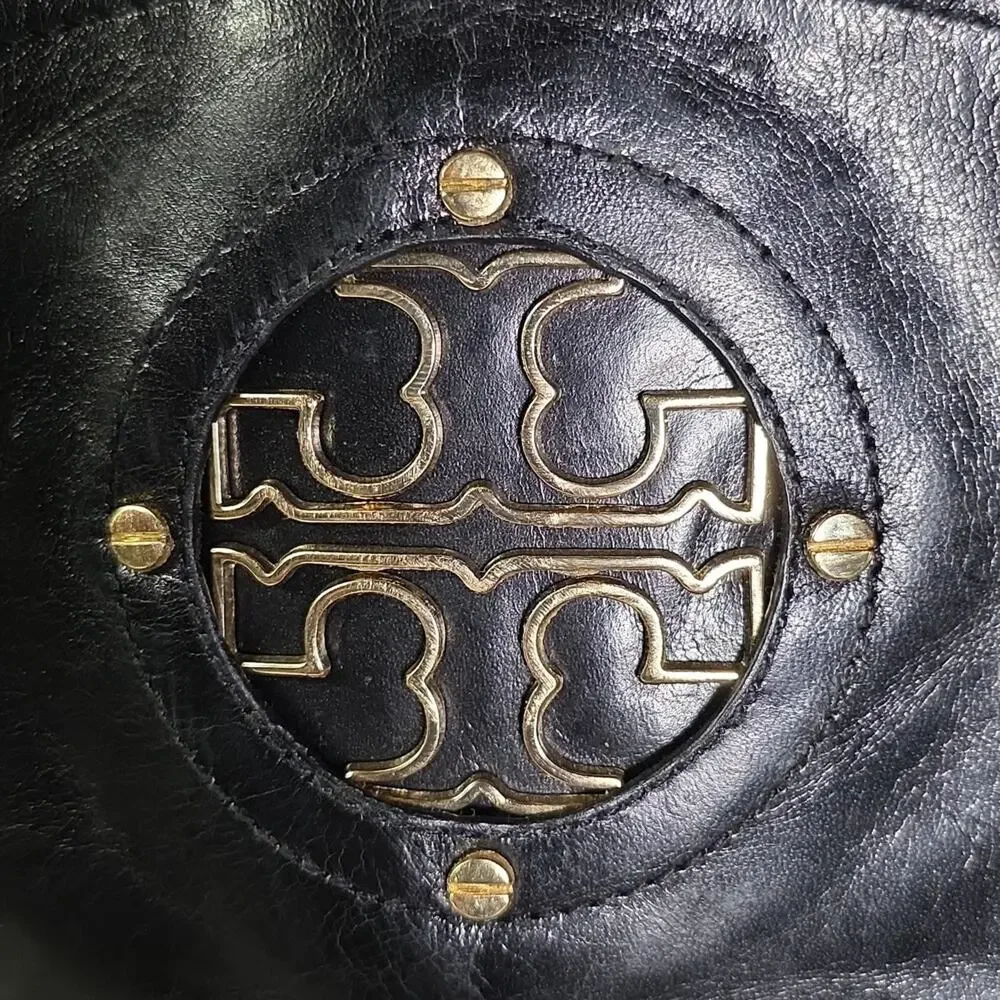 Tory Burch Kiernan Black Leather Riding Boots With Gold  Tone Logo Womens Size 8