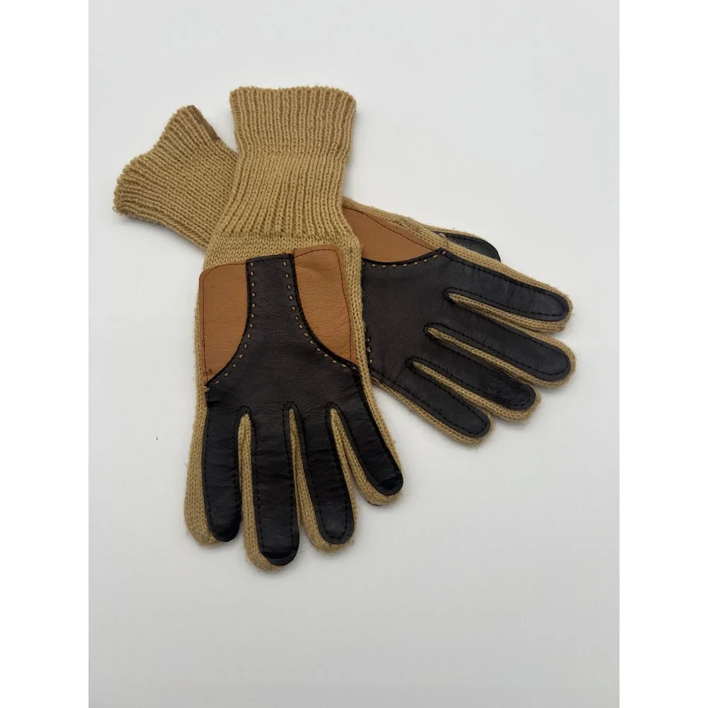Vintage‎ Leather Knit Back Driving Gloves Brown/Tan Workwear Ranch Unisex