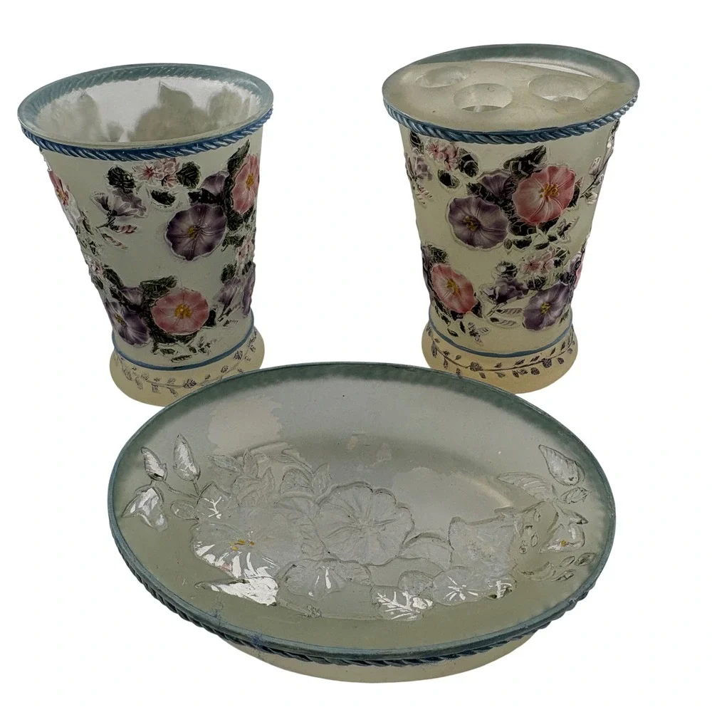 Vtg 80s Ceramic Floral Bathroom Vanity Set Toothbrush Holder Soap Dish Blue 3pc