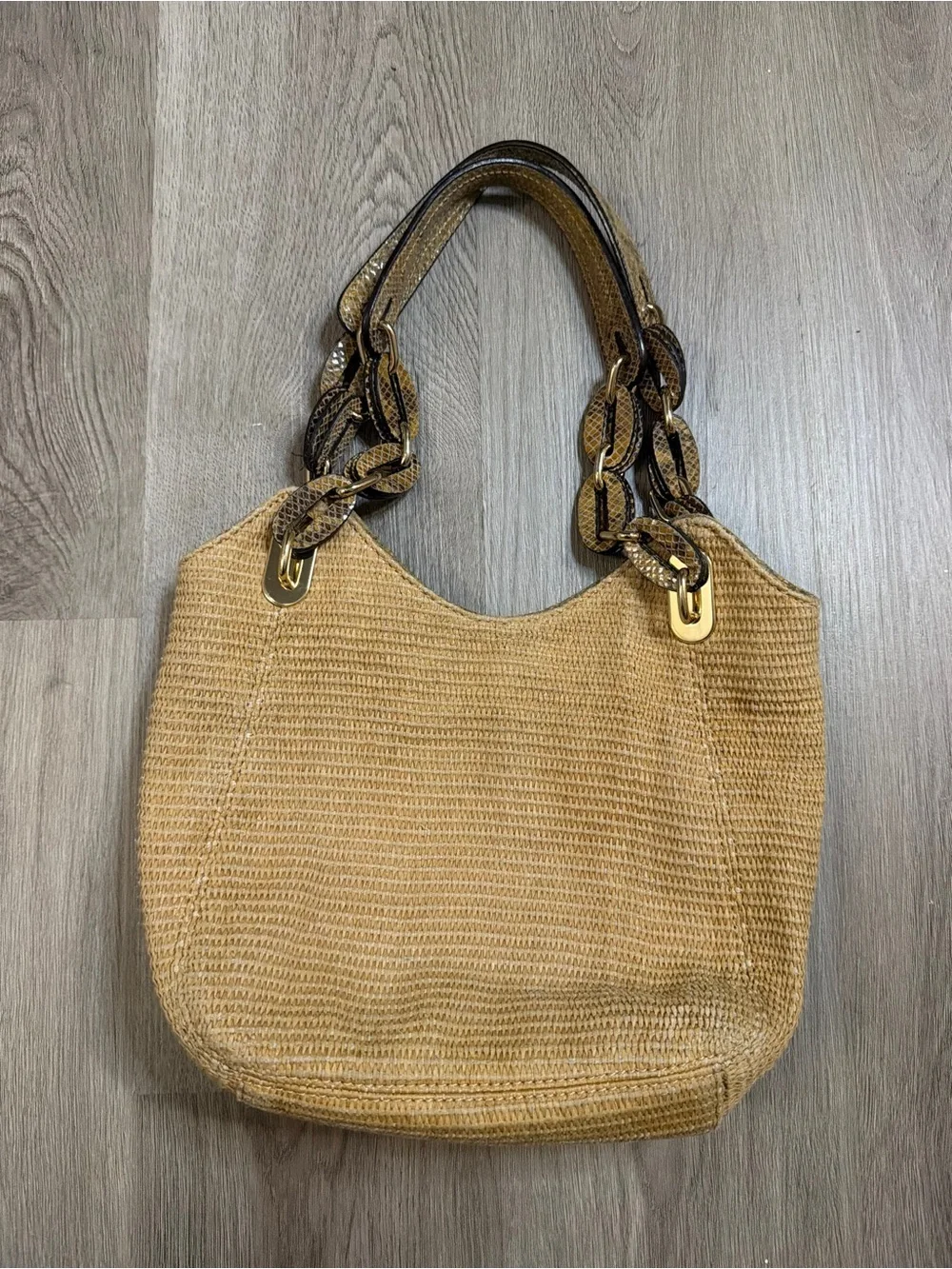 Michael Kors Woven Shoulder Tote with Chain-Link Snakeskin Straps - Tan