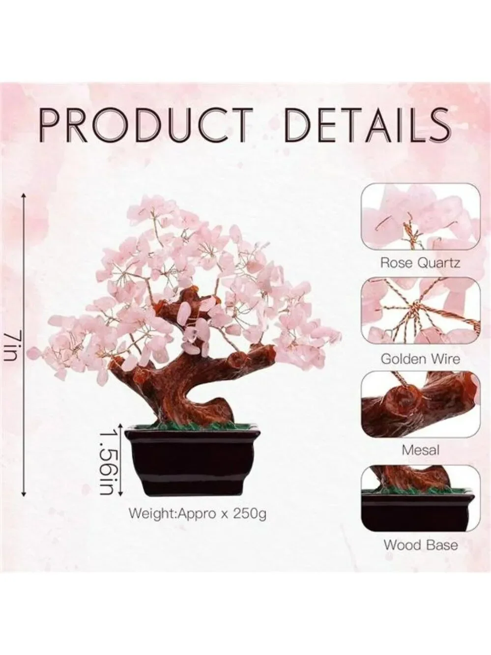 Rose quartz crystal money tree feng shui bonsai healing stone home office decor