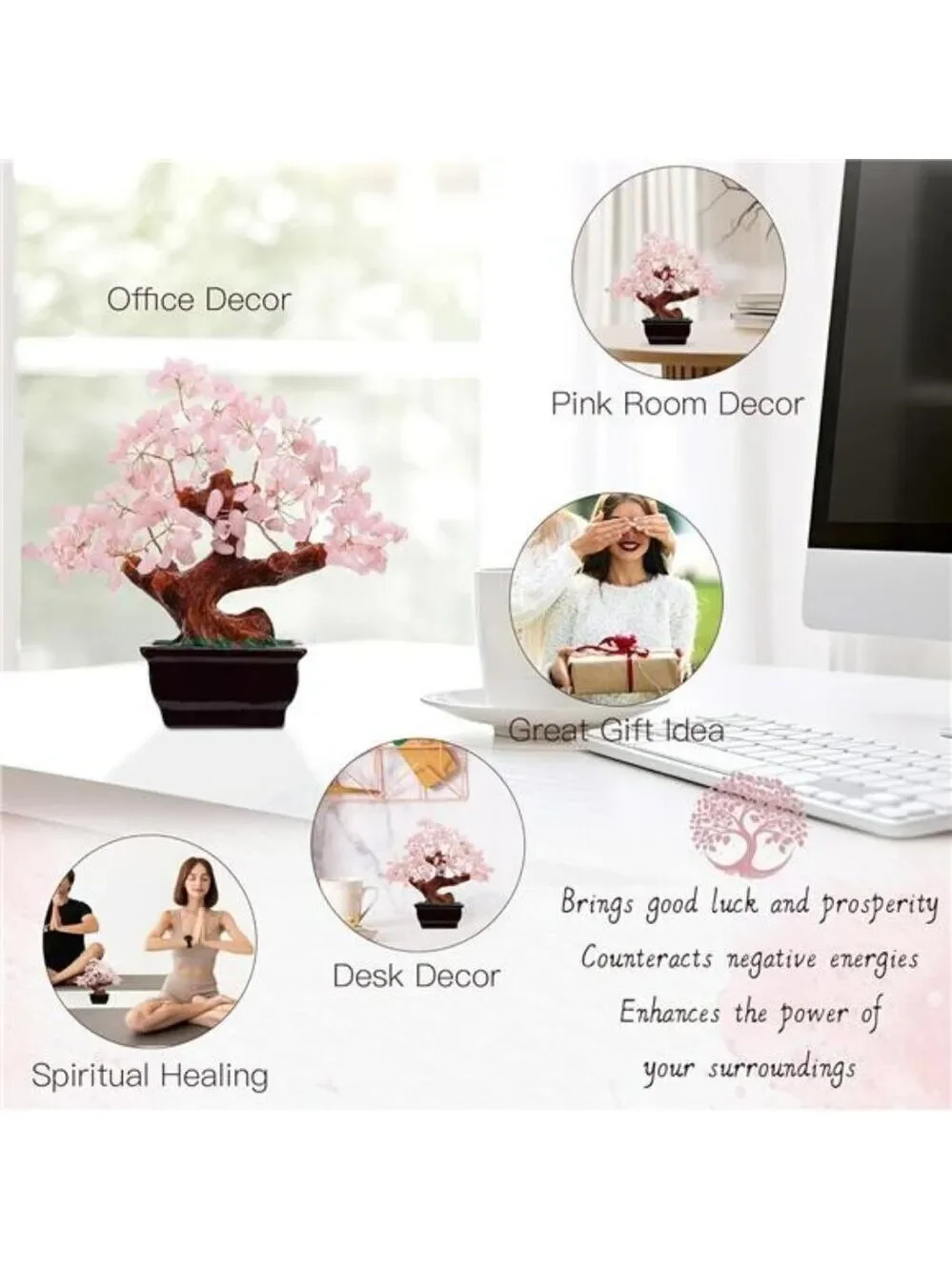 Rose quartz crystal money tree feng shui bonsai healing stone home office decor