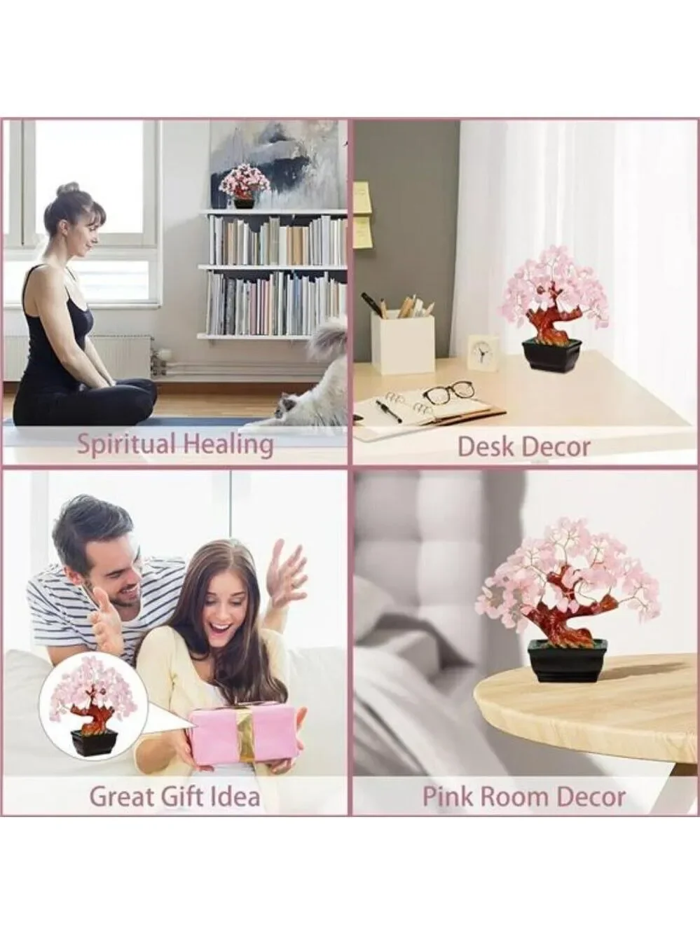 Rose quartz crystal money tree feng shui bonsai healing stone home office decor