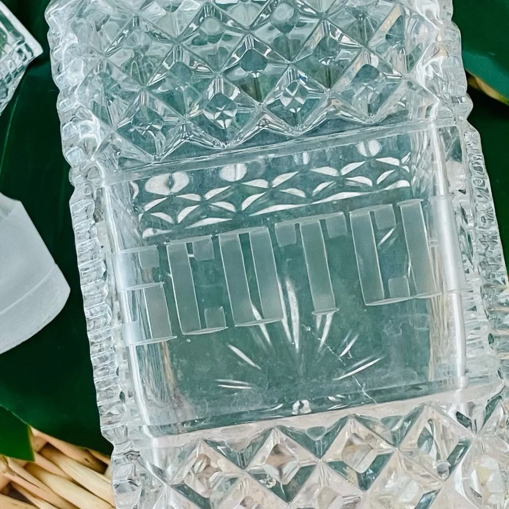 Vintage crystal Mid-Century Modern “Scotch” etched liquor Decatur with lid