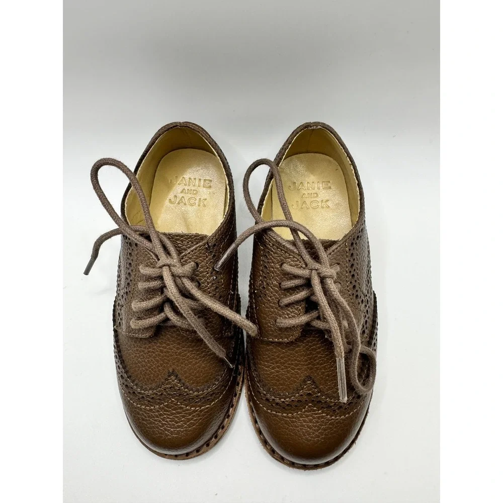 Janie and Jack Kids Brown Pebbled Leather Wingtip Oxford Dress Shoes Size 8