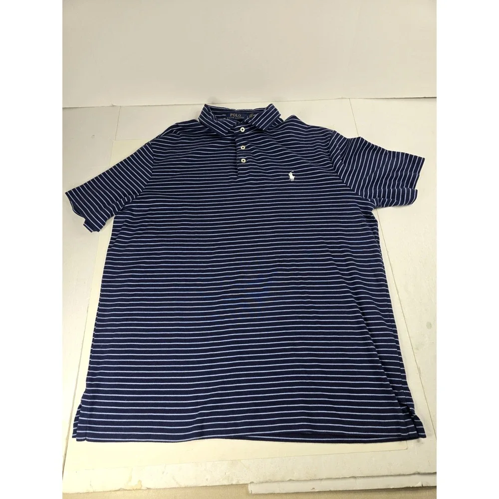 Polo Ralph Lauren NAVY STRIPE Men's Striped Polo‎ Neck Collar Shirt, US L Large