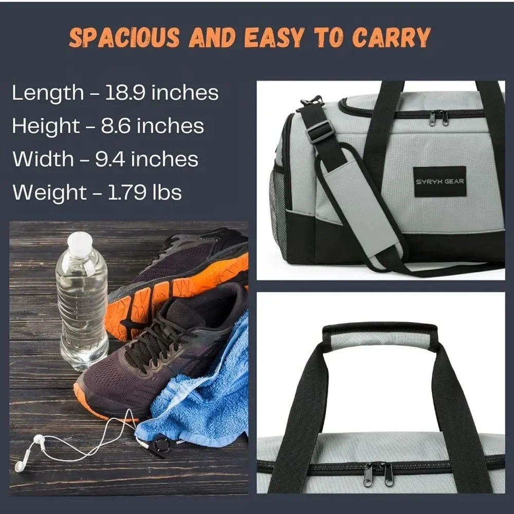 Syryx Gear Gym Bag Unisex Sports Duffle Bag Separate Wet Pocket, Shoe Spaces NWT