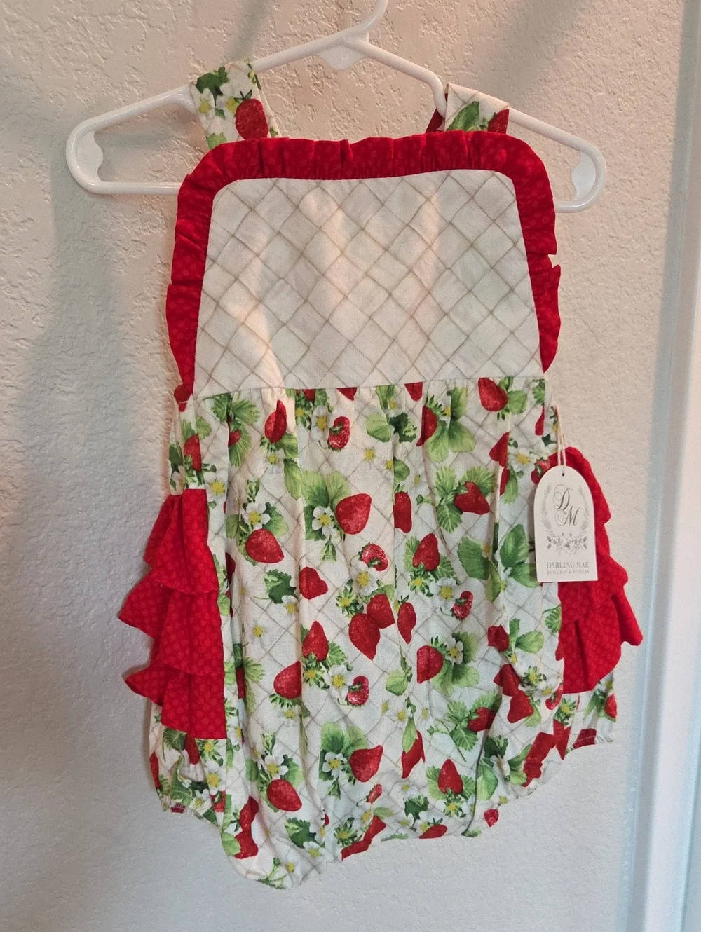 Darling Mae. Red and Green Strawberry Print Diaper Cover Romper
