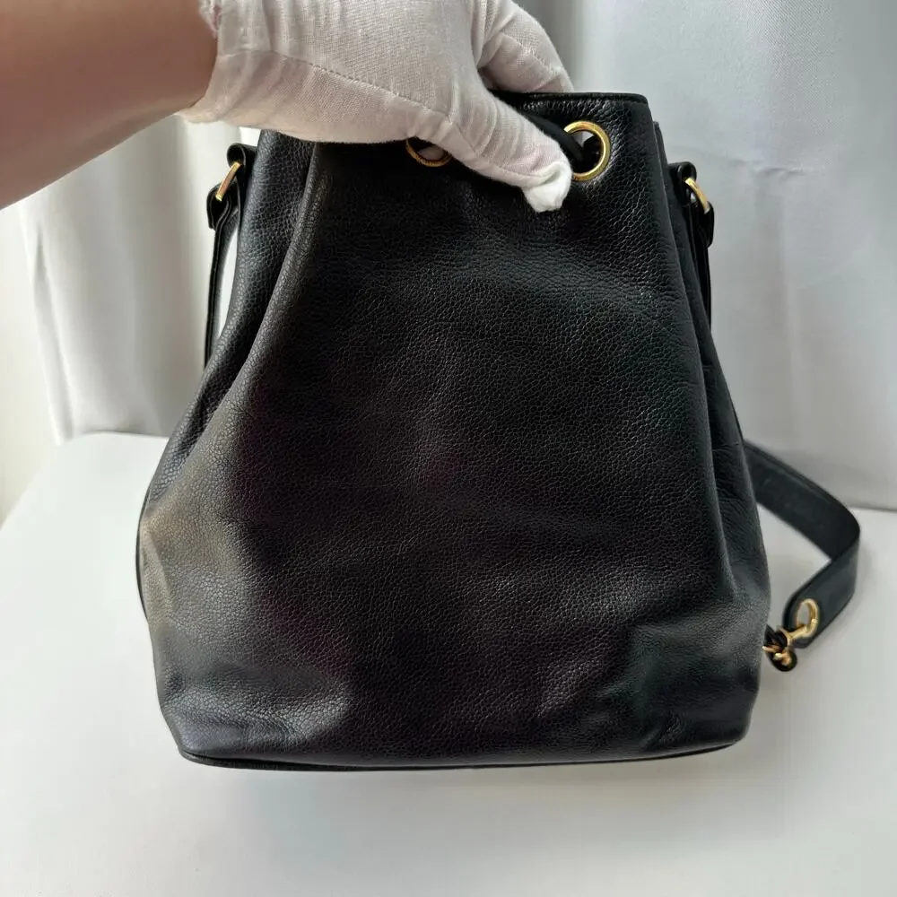 Chanel Vintage Caviar Drawstring Bucket Bag Black Leather Gold Hardware
