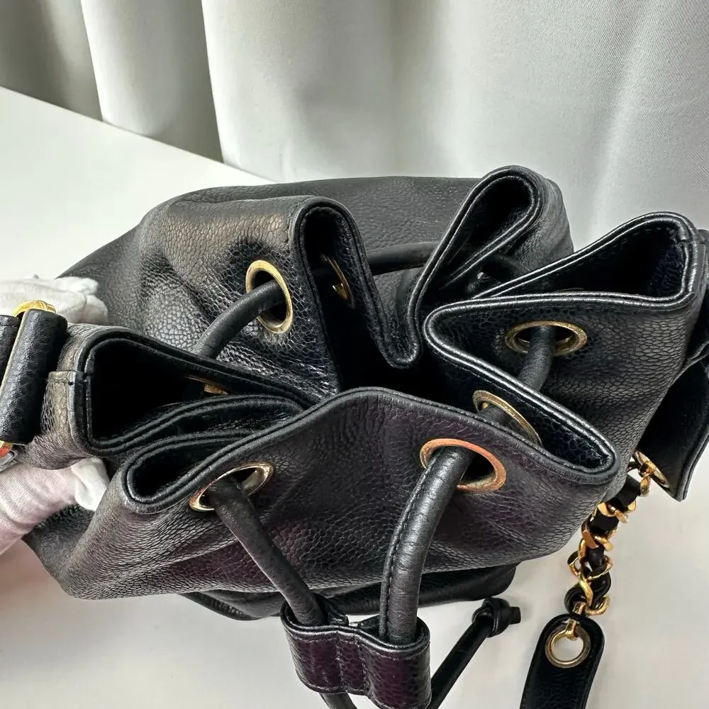 Chanel Vintage Caviar Drawstring Bucket Bag Black Leather Gold Hardware
