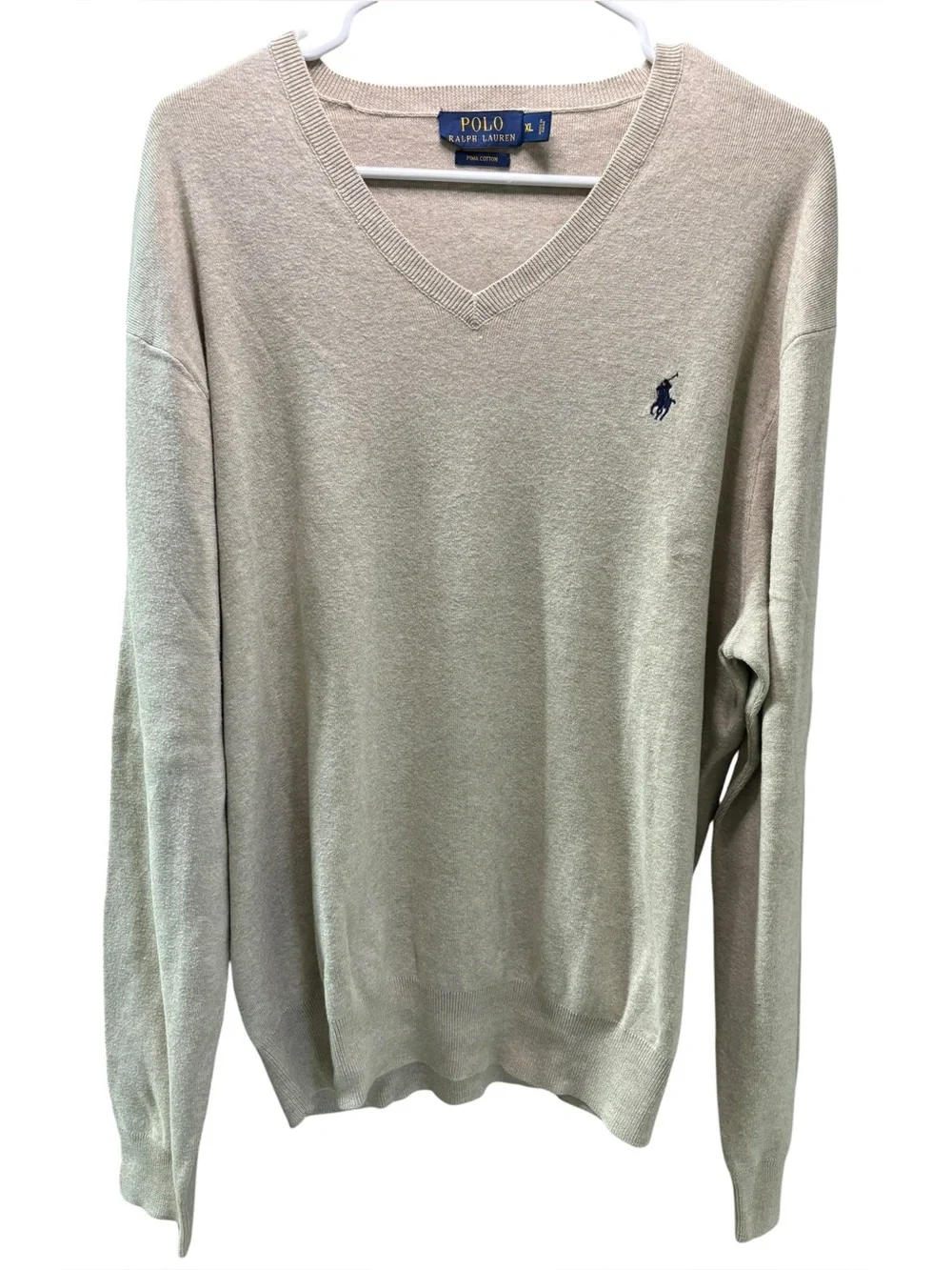 Polo by Ralph Lauren Men's V-Neck Sweater in Light Beige‎ Blue Logo Size XL