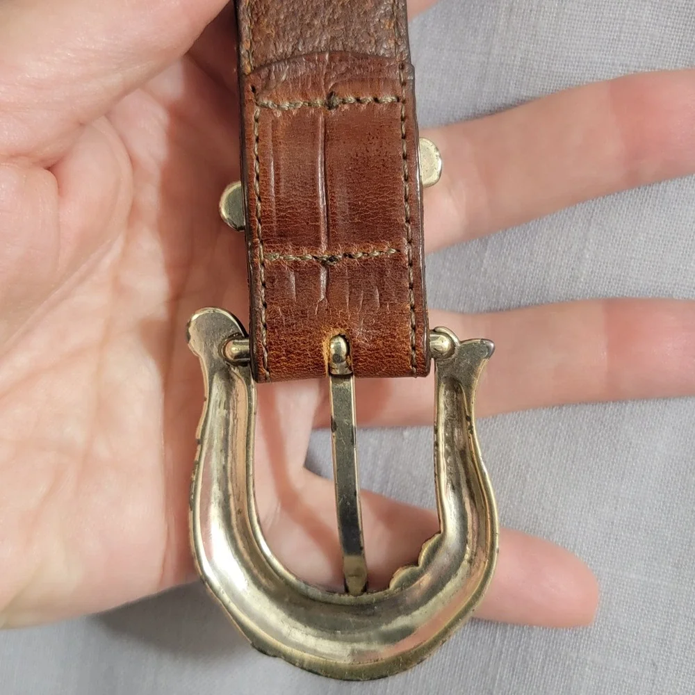 Brown Mock‎ Croc Leather Western Belt Silver Ornate 3pc Buckle Set USA M
