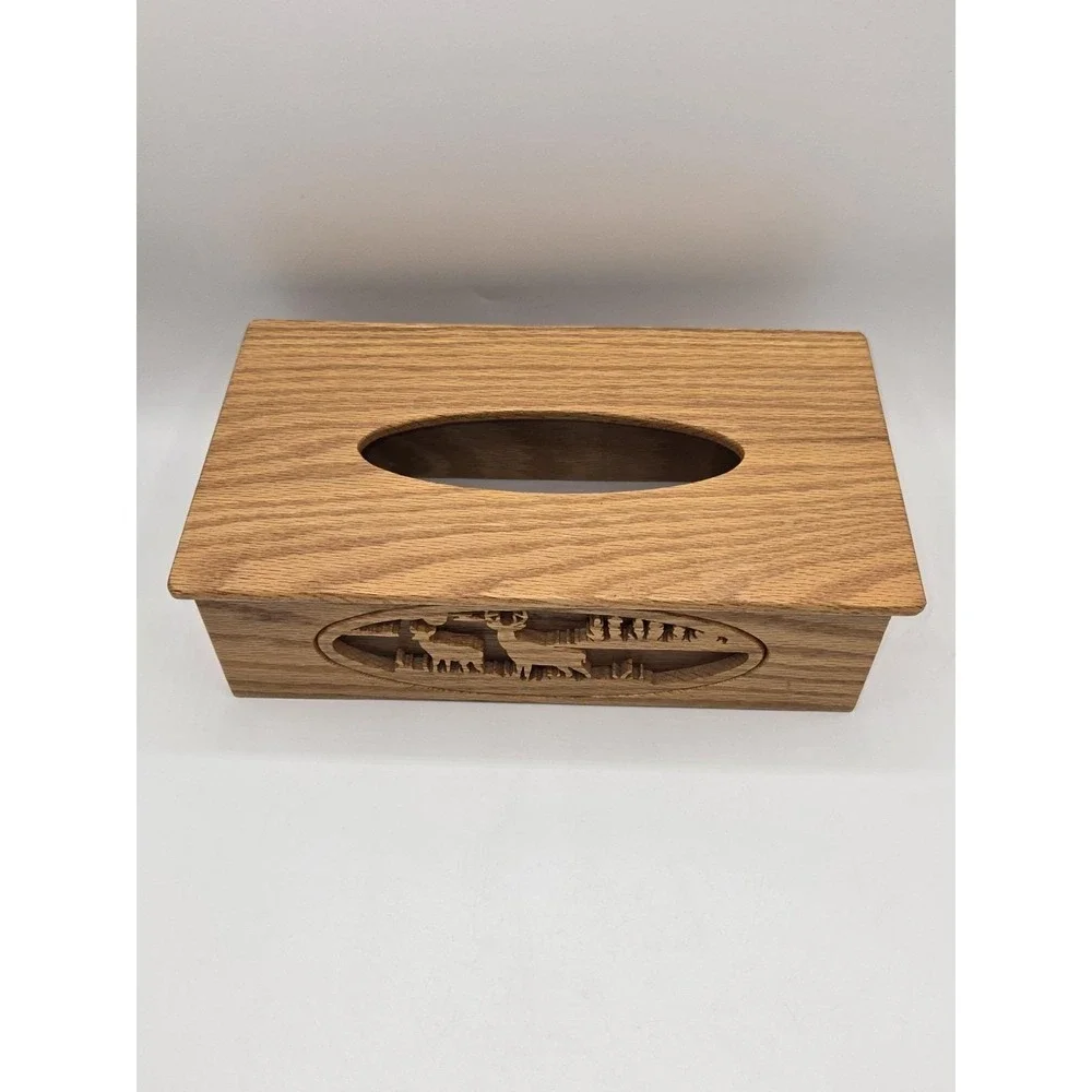 Oak Wood Tissue Box Cover Deer Wildlife Carved Panel‎ Rustic Cabin Decor