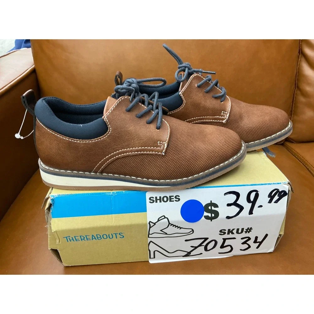 Thereabouts TH Mackem Oxford Boys Size 2M Cognac Excellent Textured Dress Shoes
