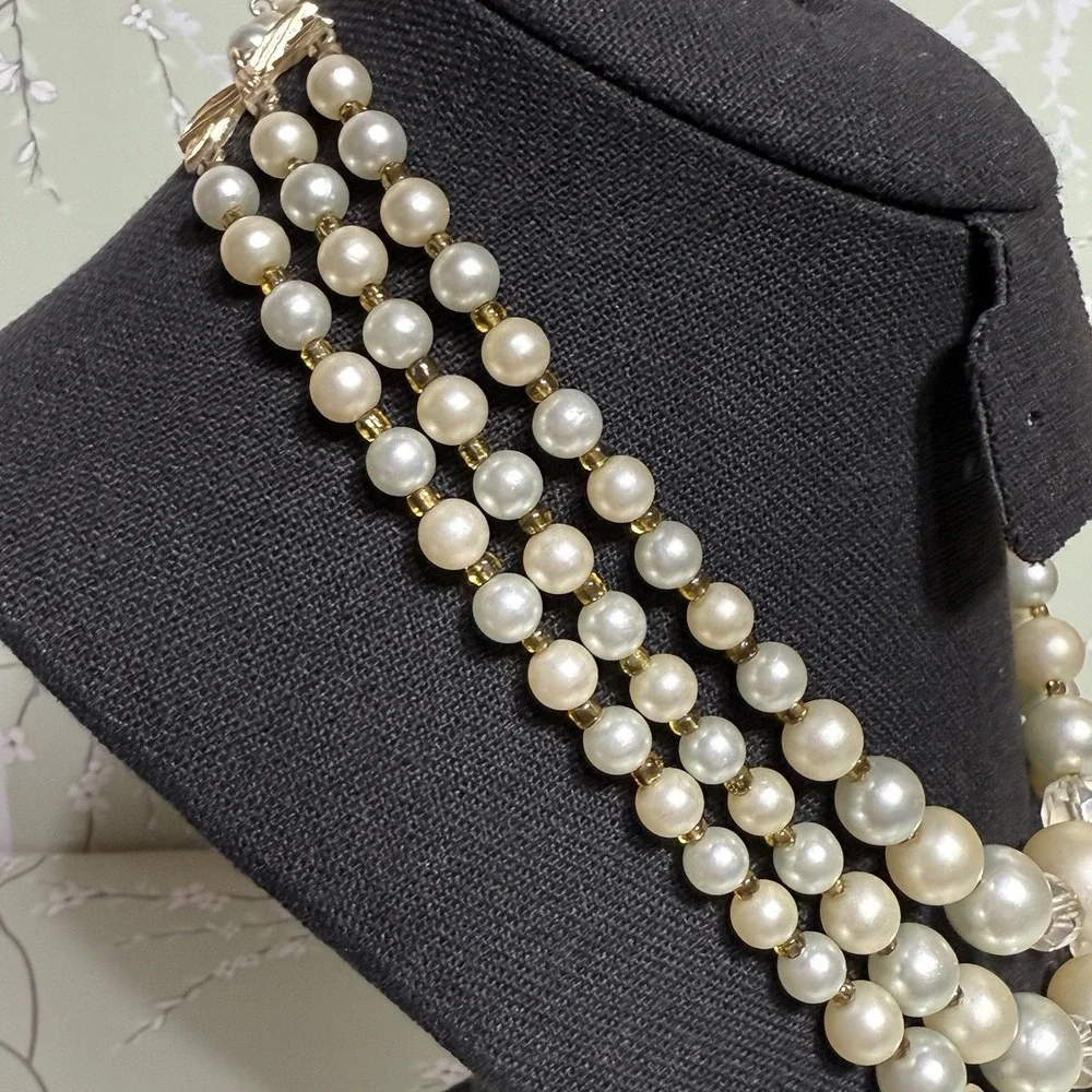 VTG Necklace Multi-Strand Signed JAPAN Gold Tone Faux Pearl Shepherd Hook Estate