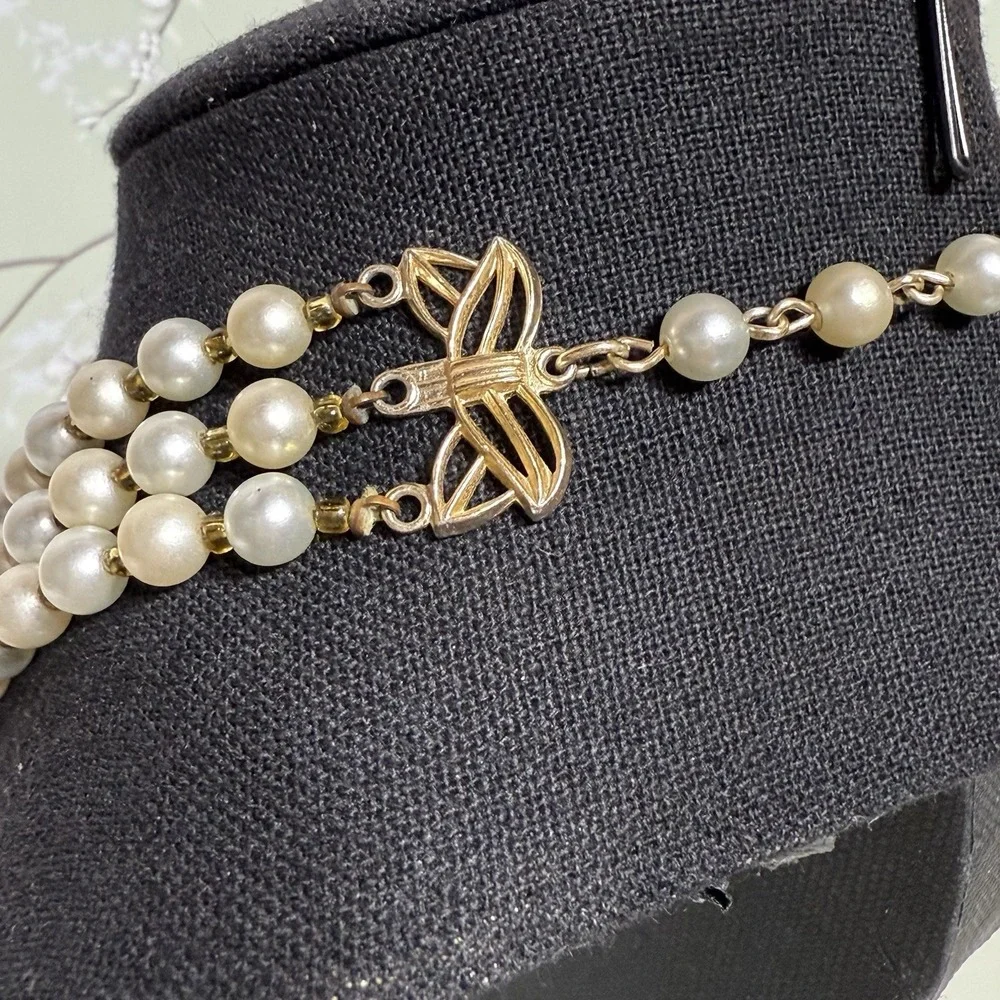 VTG Necklace Multi-Strand Signed JAPAN Gold Tone Faux Pearl Shepherd Hook Estate