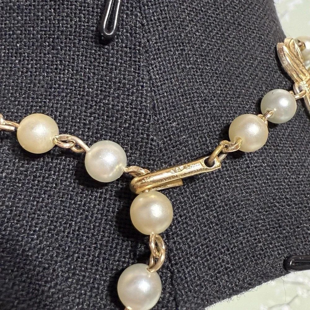 VTG Necklace Multi-Strand Signed JAPAN Gold Tone Faux Pearl Shepherd Hook Estate