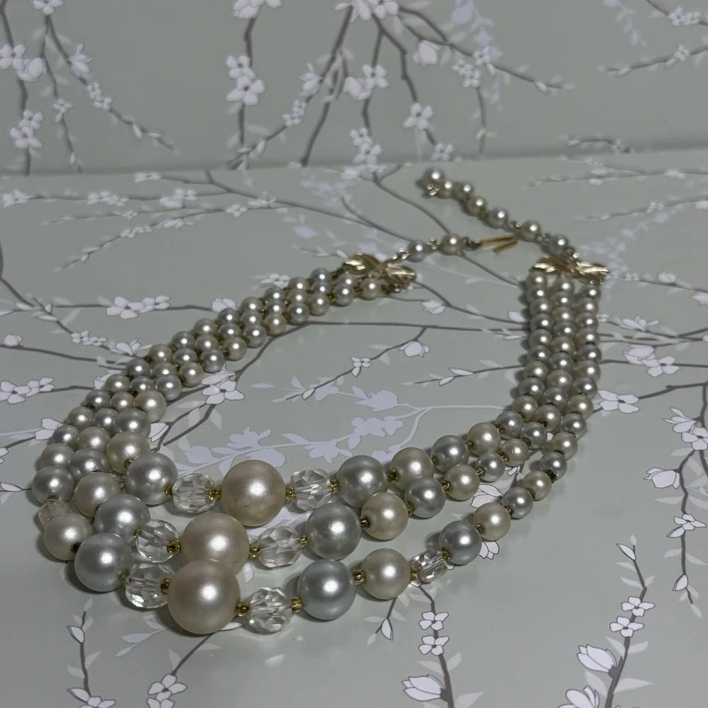 VTG Necklace Multi-Strand Signed JAPAN Gold Tone Faux Pearl Shepherd Hook Estate