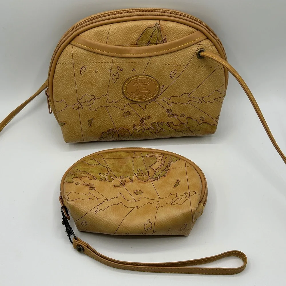 Allan Edward Vintage World Map Crossbody Bag Wristlet Set Tan Travel Neutral