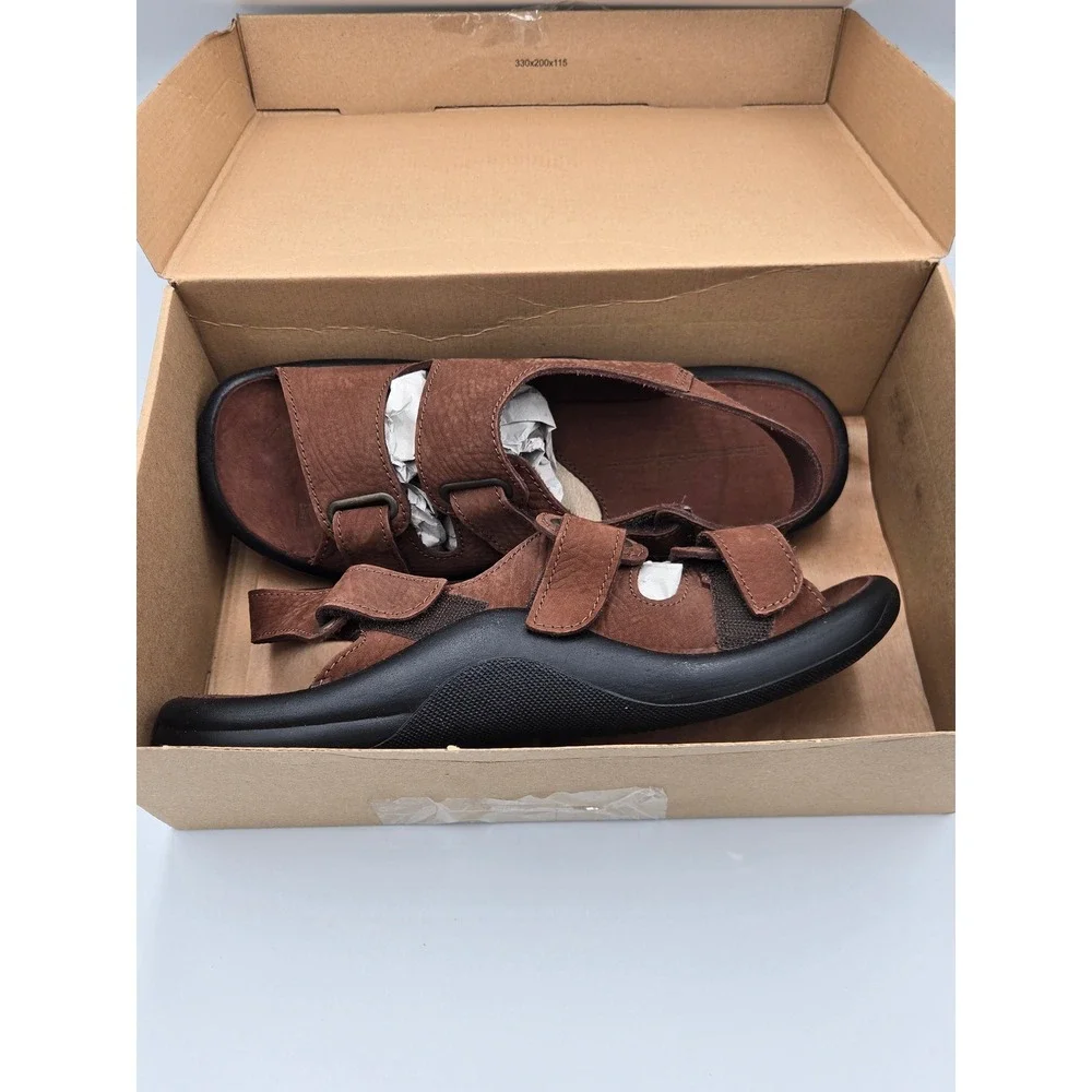 Hammacher Schlemmer Mens Size 10 (44) Brown Leather Adjustable Comfort Sandals
