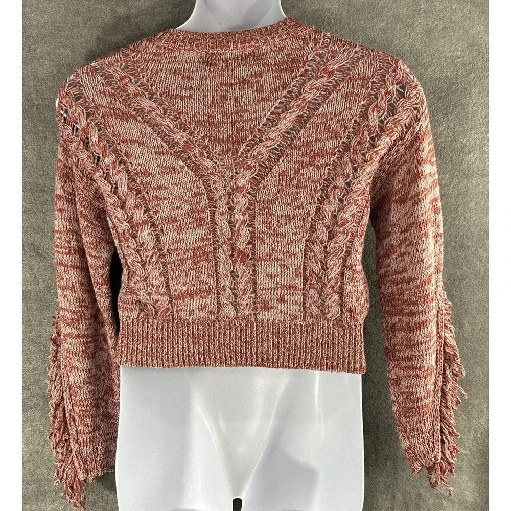 Wildfox Small Warren Sweater Pink Red Pullover Cable Knit‎ Fringe Sleeve Sample