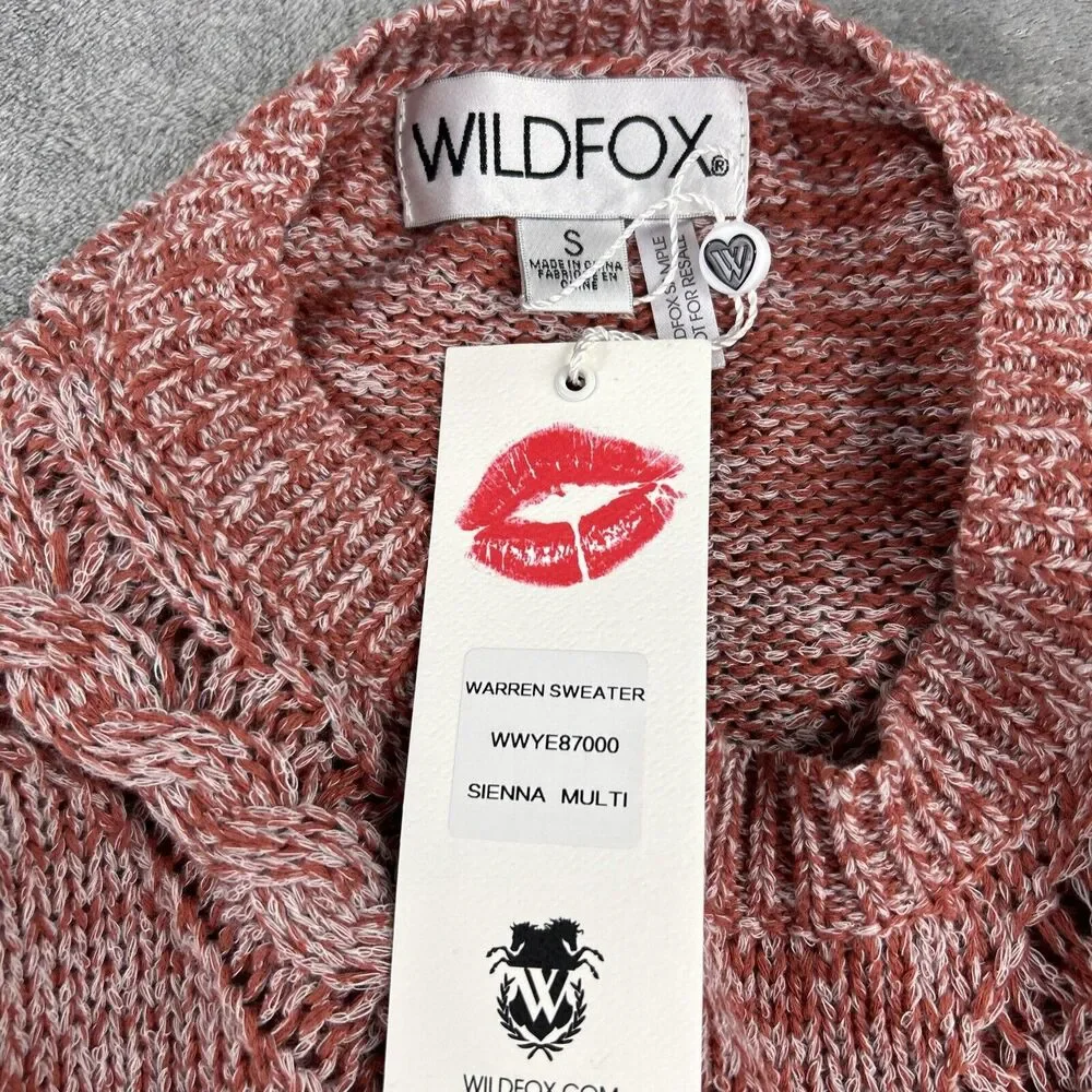 Wildfox Small Warren Sweater Pink Red Pullover Cable Knit‎ Fringe Sleeve Sample