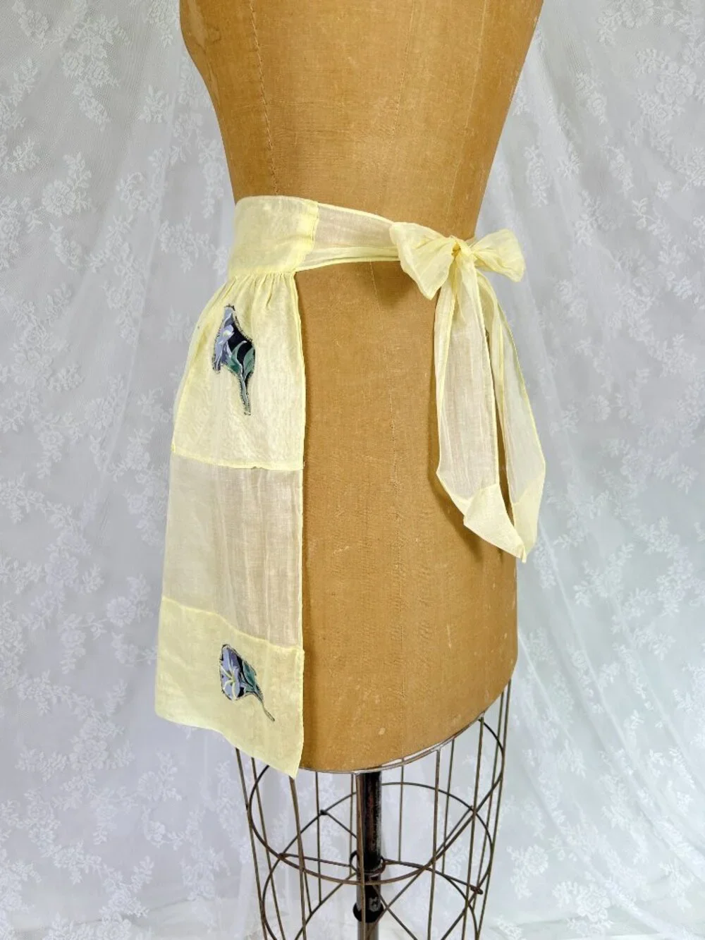 Vintage Yellow Half Apron, Sheer Cotton, Petunia Appliques, Cottagecore 50s-60s