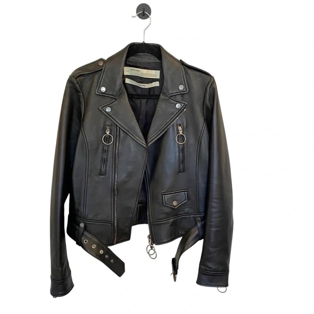 Off-White Virgil Abloh Black Leather Jacket With Metallic Silver X Size 44