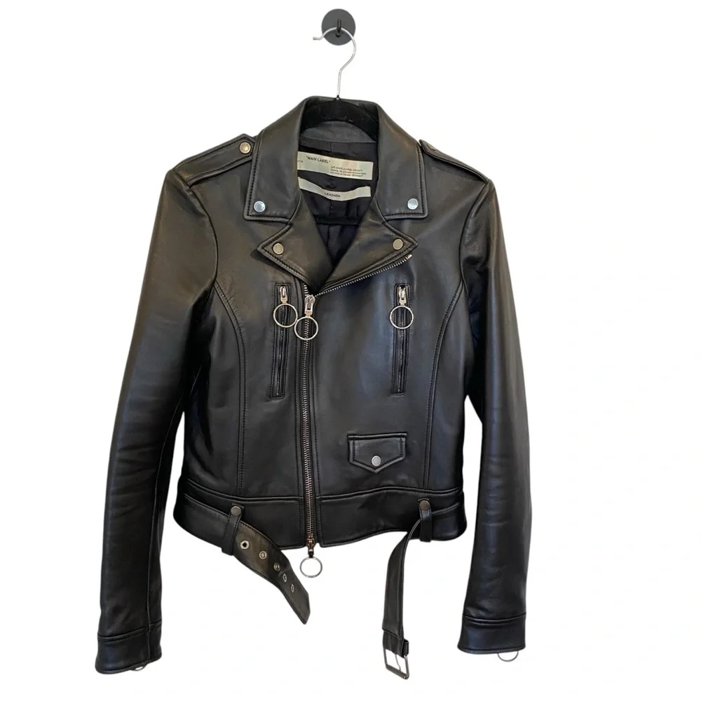 Off-White Virgil Abloh Black Leather Jacket With Metallic Silver X Size 44