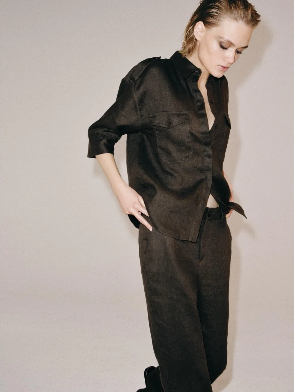 NWT Zara Relaxed Linen shirt Brown