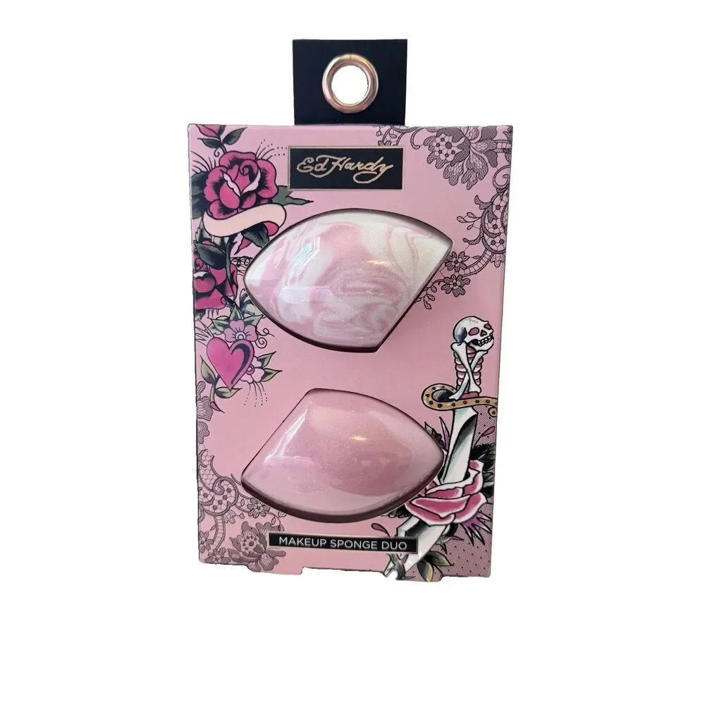 Ed Hardy Makeup Sponge Duo 2-Piece Pink Teardrop Reusable Standard Sponges New