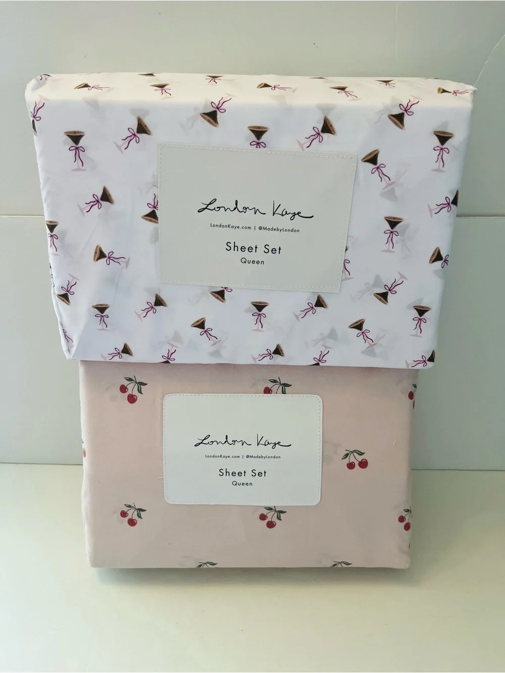 London Kaye Queen Sheet Sets Lot of 2 Petite Cherries & Cafe Espresso Martini