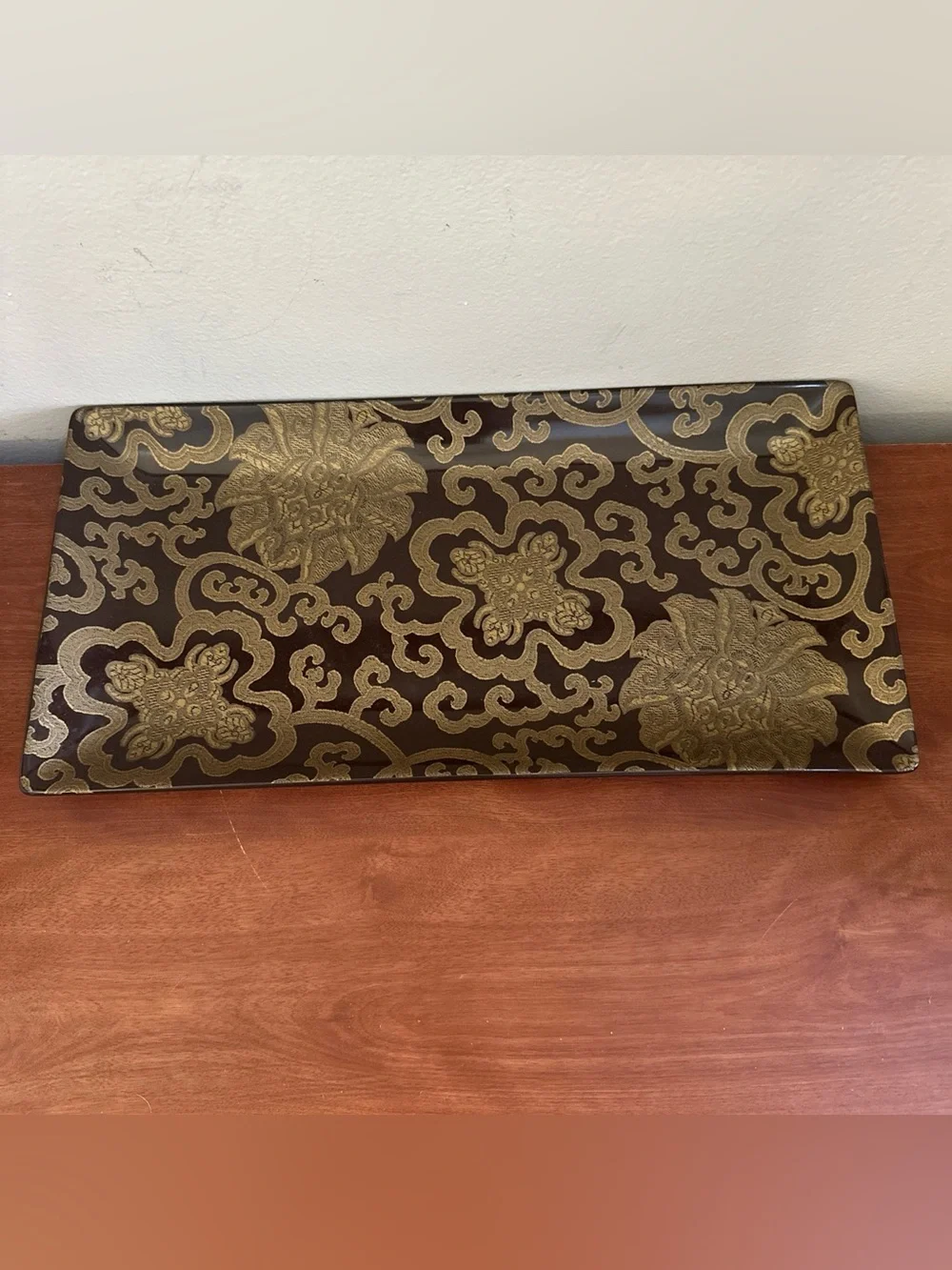PotteryBarn Floral Scroll ceramic platter- Brown and Gold VNTGE RARE