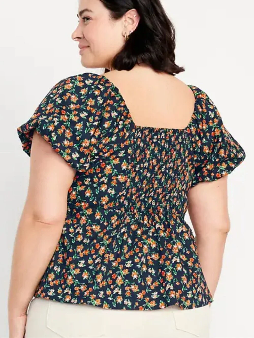 Old Navy blue floral short puff sleeve waist defined v neck blouse