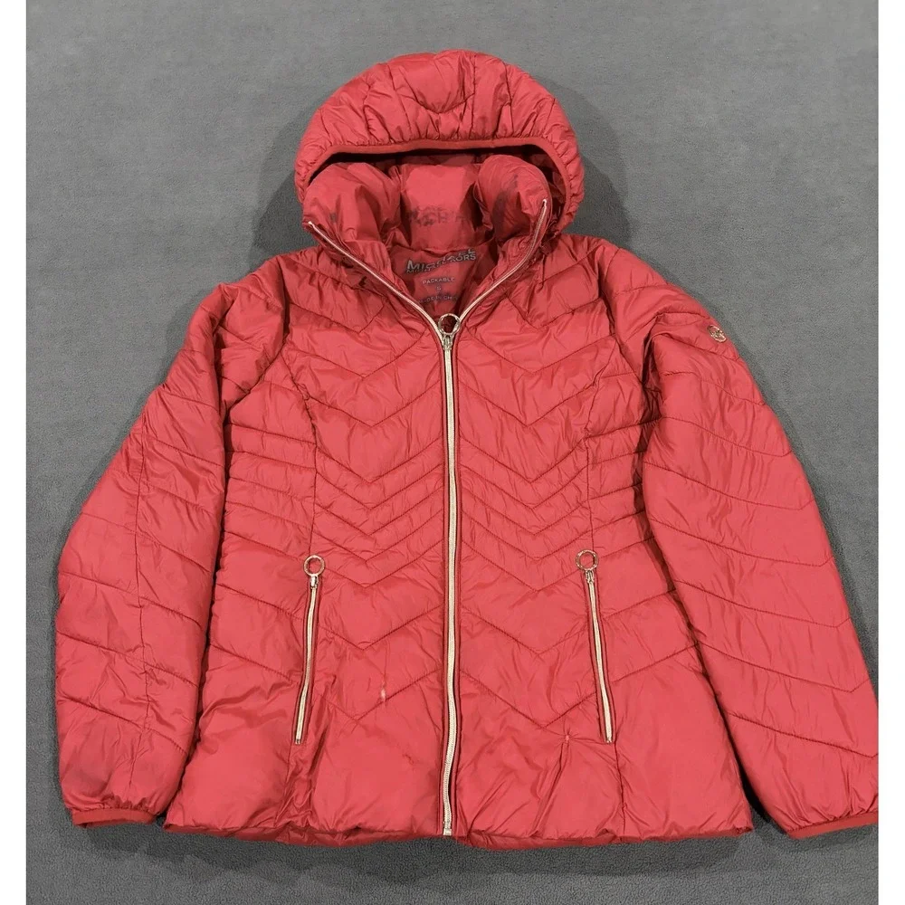 Michael Kors Packable Puffer Jacket Womens Small Red Lined Down Hooded Full Zip