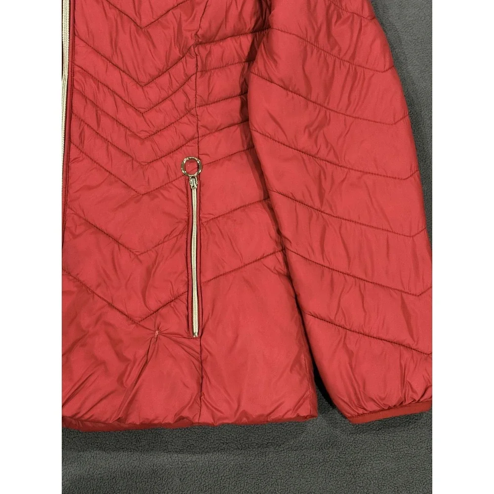 Michael Kors Packable Puffer Jacket Womens Small Red Lined Down Hooded Full Zip