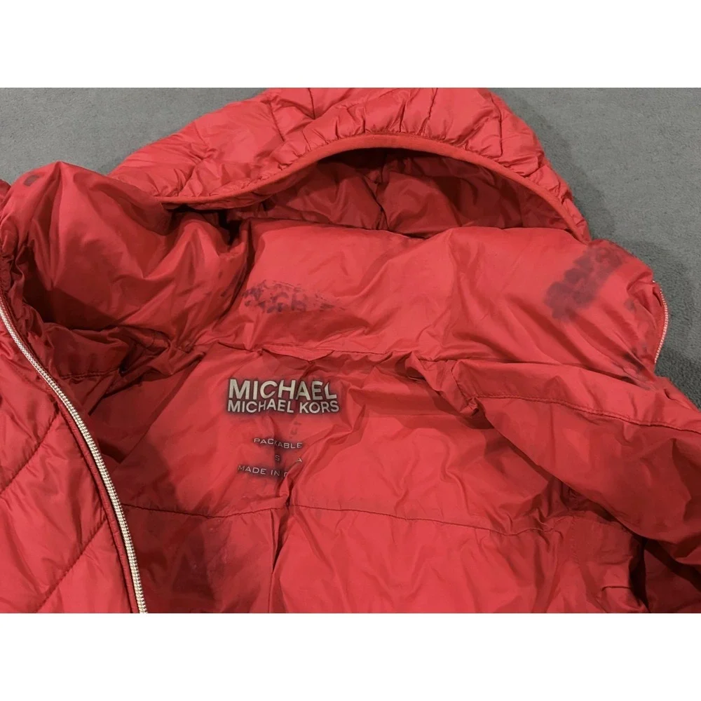 Michael Kors Packable Puffer Jacket Womens Small Red Lined Down Hooded Full Zip