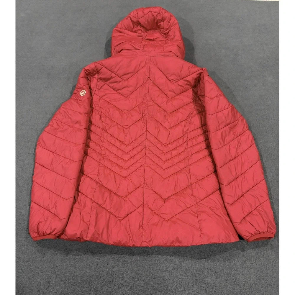 Michael Kors Packable Puffer Jacket Womens Small Red Lined Down Hooded Full Zip