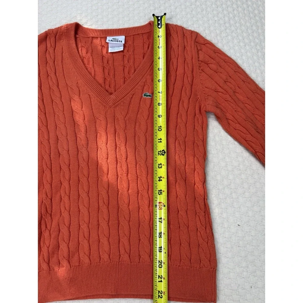 LACOSTE V-Neck Cable Knit Sweater Long Sleeve Preppy Croc | Orange | EU 38 US XS