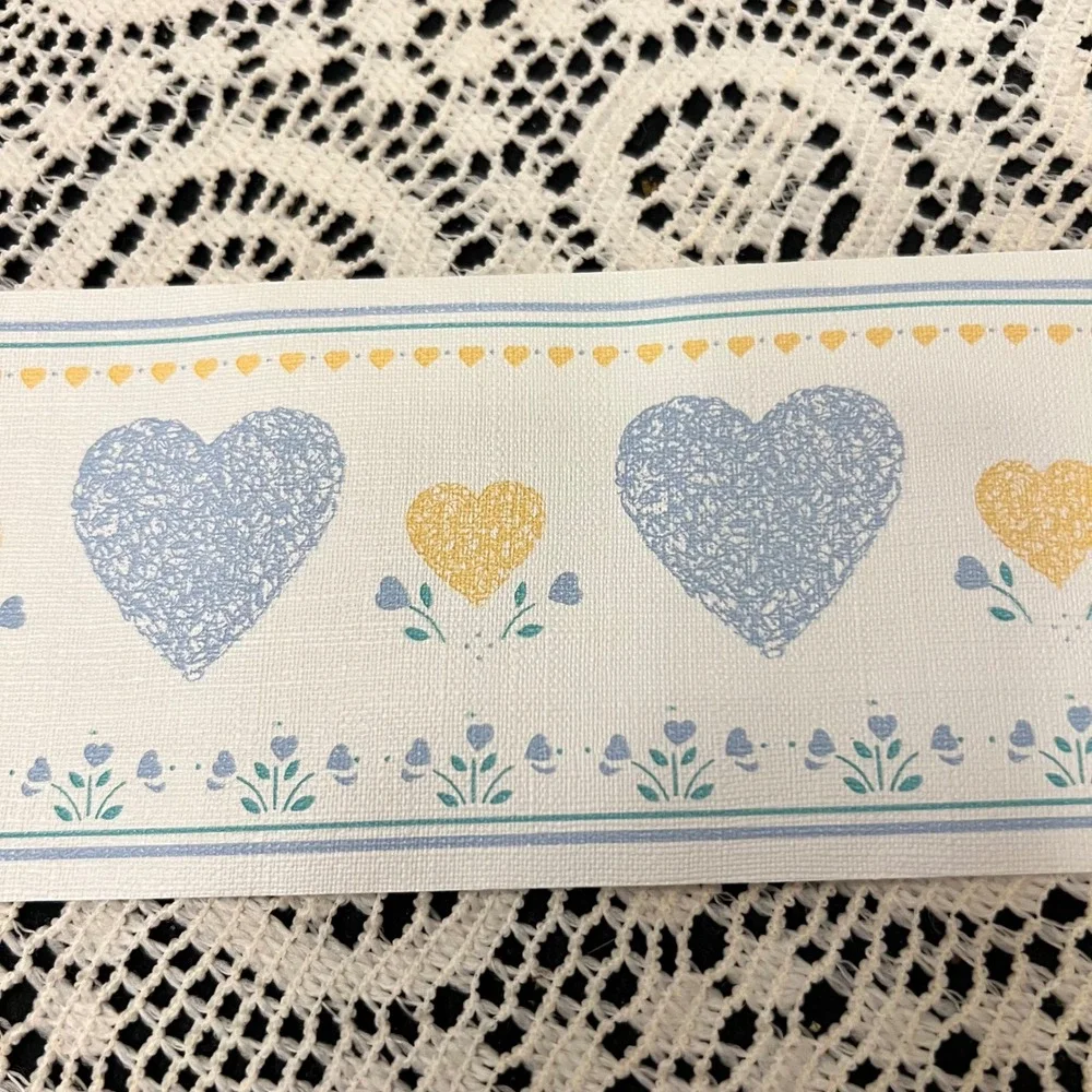 Vintage Wallpaper Border Hearts Blue Yellow | 1 Full Roll | Cottage