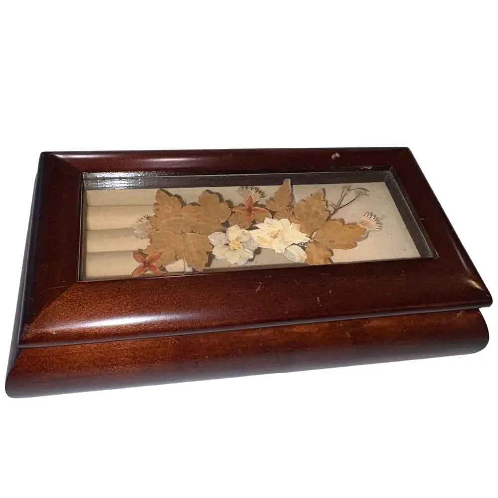 Vintage Bombay Co Musical Jewelry‎ Box Wood Pressed Flowers Plays Love Story
